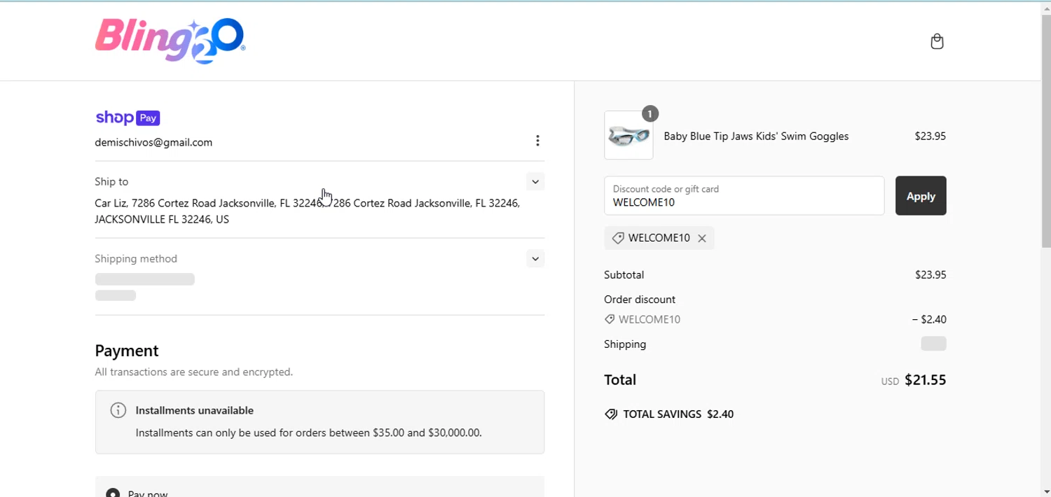 Bling2o discount code screenshot showing code WELCOME10 applied at Bling2o checkout page. Uploaded by SimplyCodes community member RewardMonarch5847 on Jan 12, 2025
