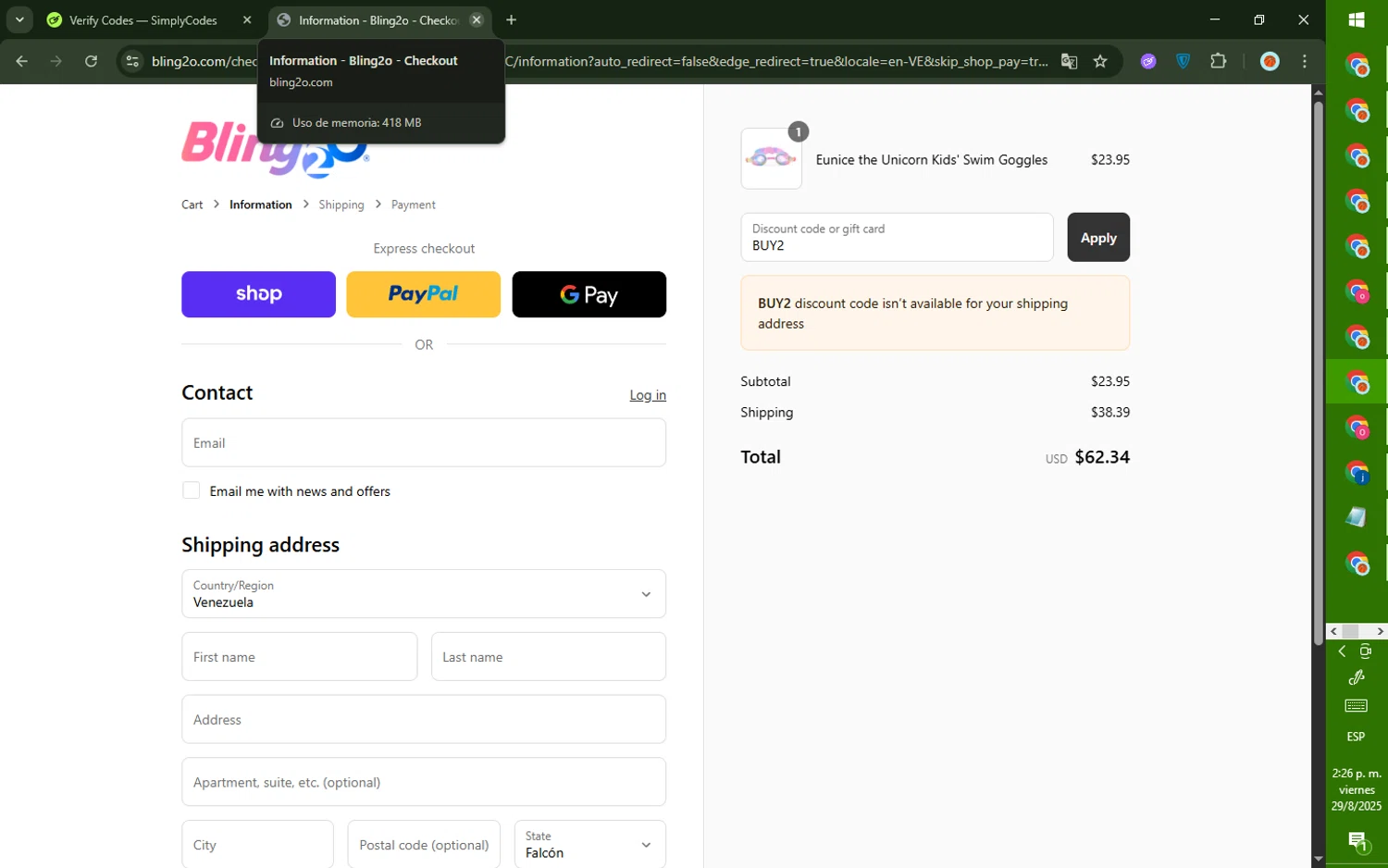Bling2o discount code screenshot showing code BUY2 applied at Bling2o checkout page. Uploaded by SimplyCodes community member DealTiger9869 on Aug 29, 2025