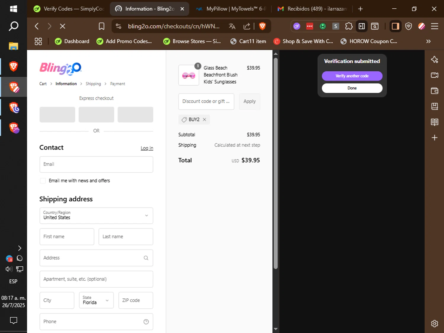 Bling2o discount code screenshot showing code BUY2 applied at Bling2o checkout page. Uploaded by SimplyCodes community member IronMind4607 on Jul 26, 2025