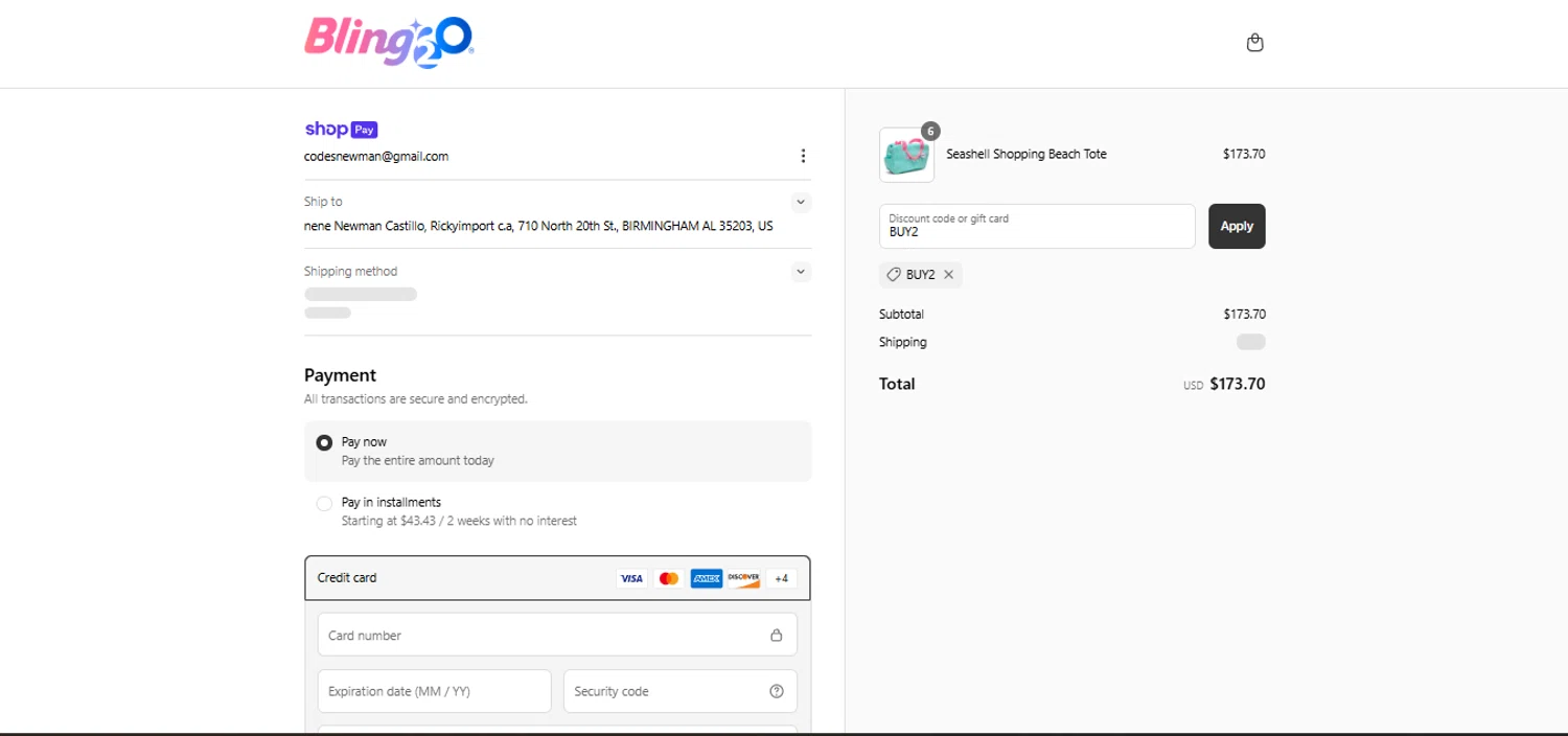 Bling2o discount code screenshot showing code BUY2 applied at Bling2o checkout page. Uploaded by SimplyCodes community member laoriginal on Apr 5, 2025