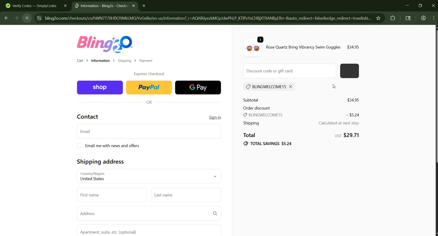 Bling2o discount code screenshot showing code BLINGWELCOME15 applied at Bling2o checkout page. Uploaded by SimplyCodes community member CashWizard4502 on Jan 11, 2026