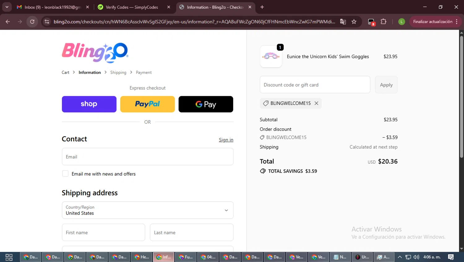 Bling2o discount code screenshot showing code BLINGWELCOME15 applied at Bling2o checkout page. Uploaded by SimplyCodes community member CleverFalcon7682 on Dec 8, 2025