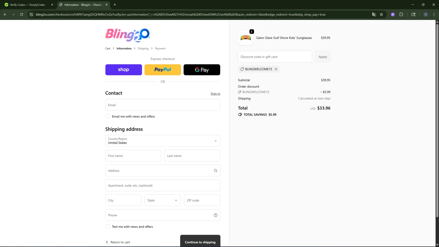 Bling2o discount code screenshot showing code BLINGWELCOME15 applied at Bling2o checkout page. Uploaded by SimplyCodes community member CouponAce2971 on Jan 21, 2026