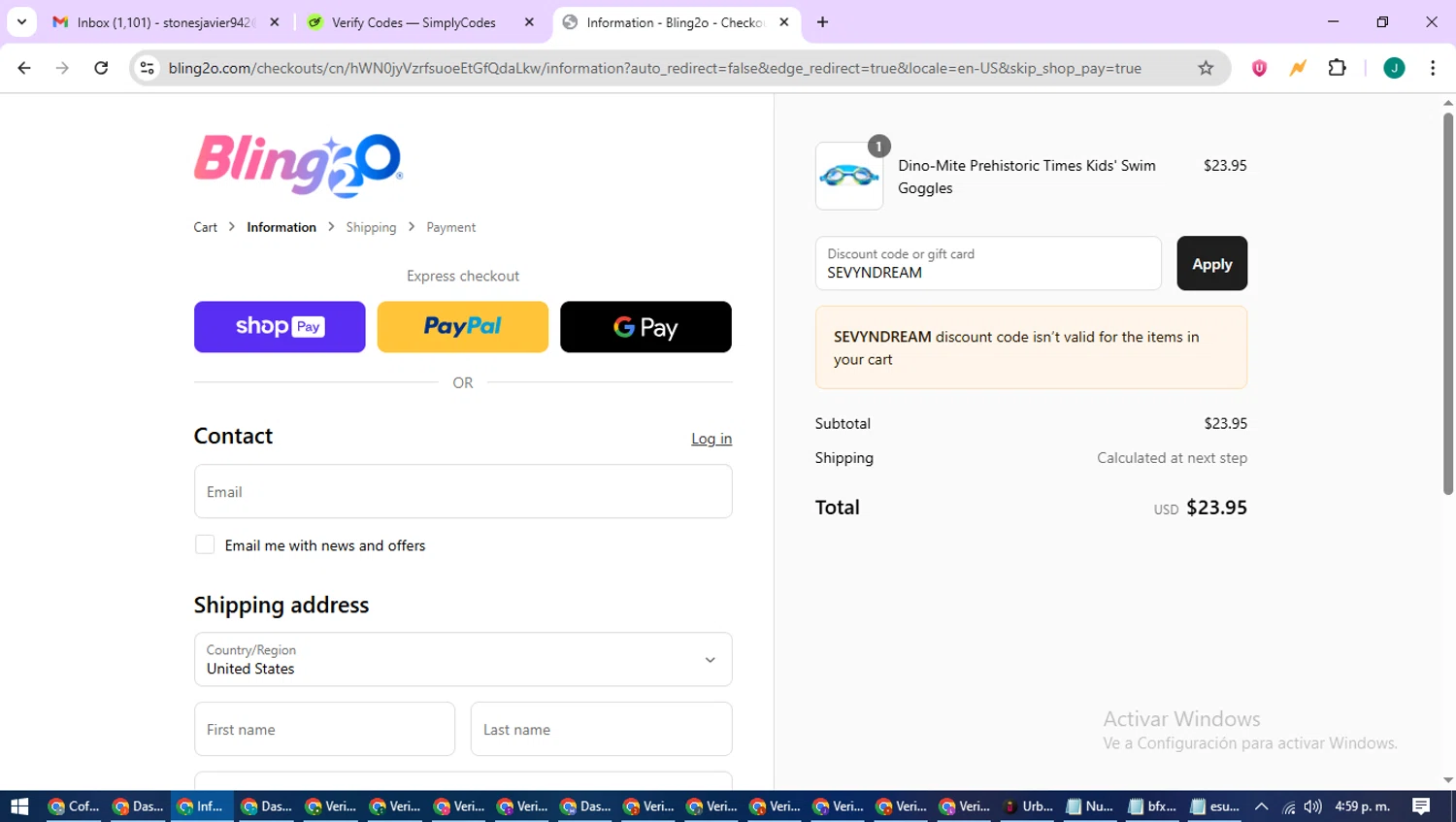 Bling2o discount code screenshot showing code SEVYNDREAM applied at Bling2o checkout page. Uploaded by SimplyCodes community member SavvyCurator1770 on Jul 17, 2025