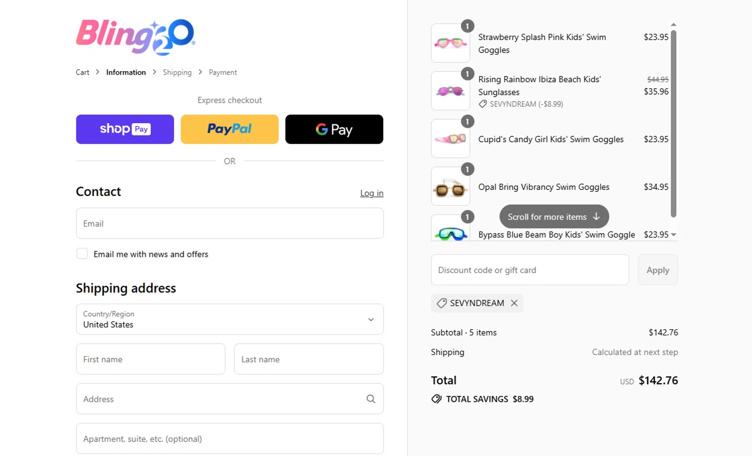 Bling2o discount code screenshot showing code SEVYNDREAM applied at Bling2o checkout page. Uploaded by SimplyCodes community member WonderSaver8569 on Jul 30, 2025
