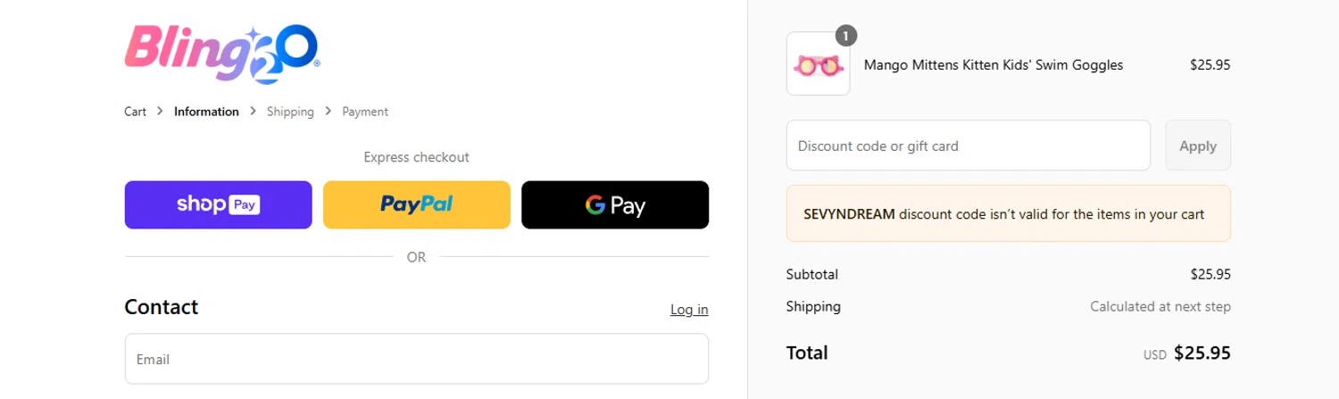 Bling2o discount code screenshot showing code SEVYNDREAM applied at Bling2o checkout page. Uploaded by SimplyCodes community member ashe1986 on Jun 21, 2025