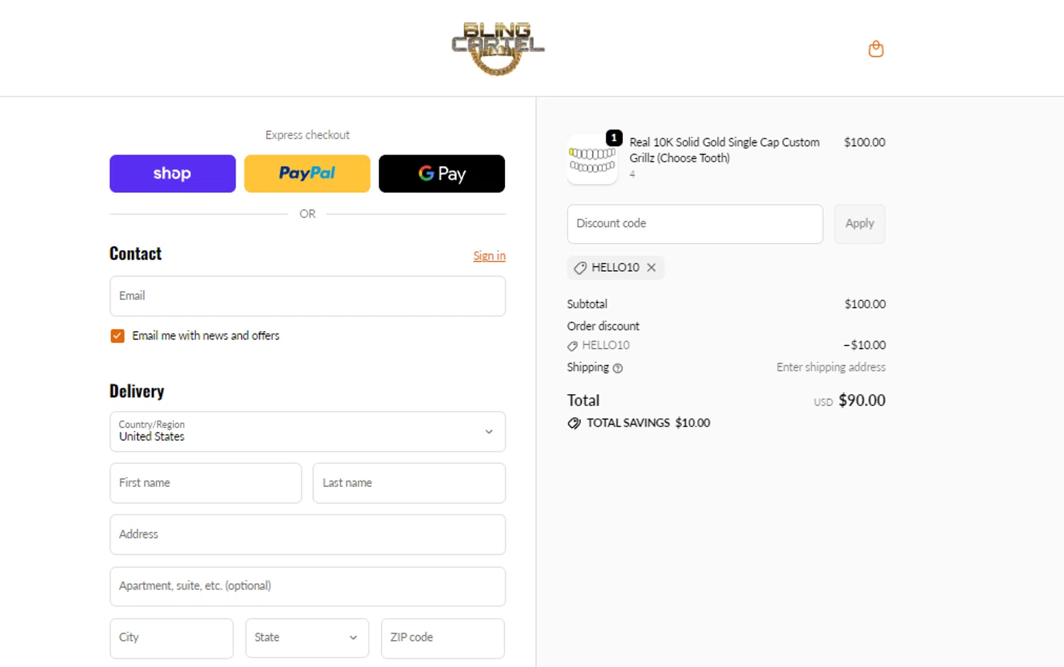 Bling Cartel discount code screenshot showing code HELLO10 applied at Bling Cartel checkout page. Uploaded by SimplyCodes community member BonusCollector7885 on Dec 10, 2025