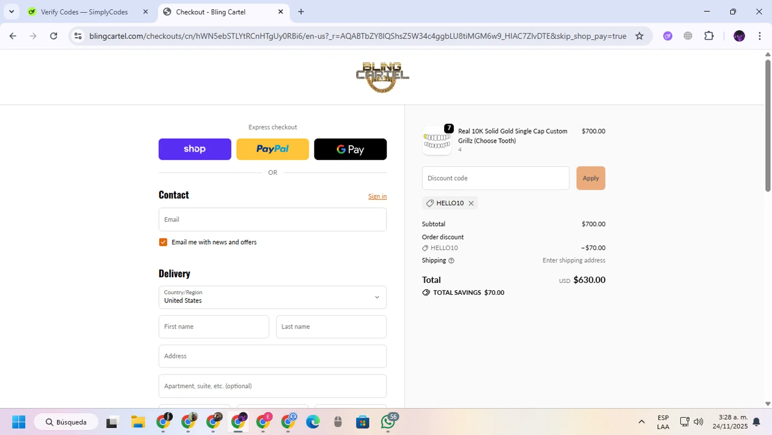 Bling Cartel discount code screenshot showing code HELLO10 applied at Bling Cartel checkout page. Uploaded by SimplyCodes community member GloriousGuardian9063 on Nov 24, 2025
