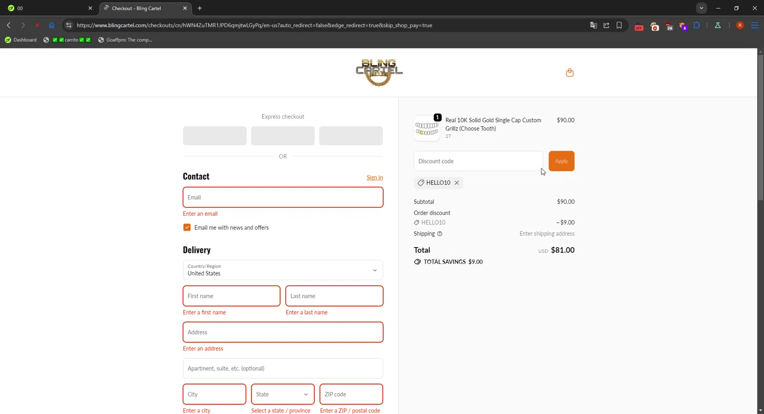 Bling Cartel discount code screenshot showing code HELLO10 applied at Bling Cartel checkout page. Uploaded by SimplyCodes community member SavvyFinder1532 on Oct 26, 2025