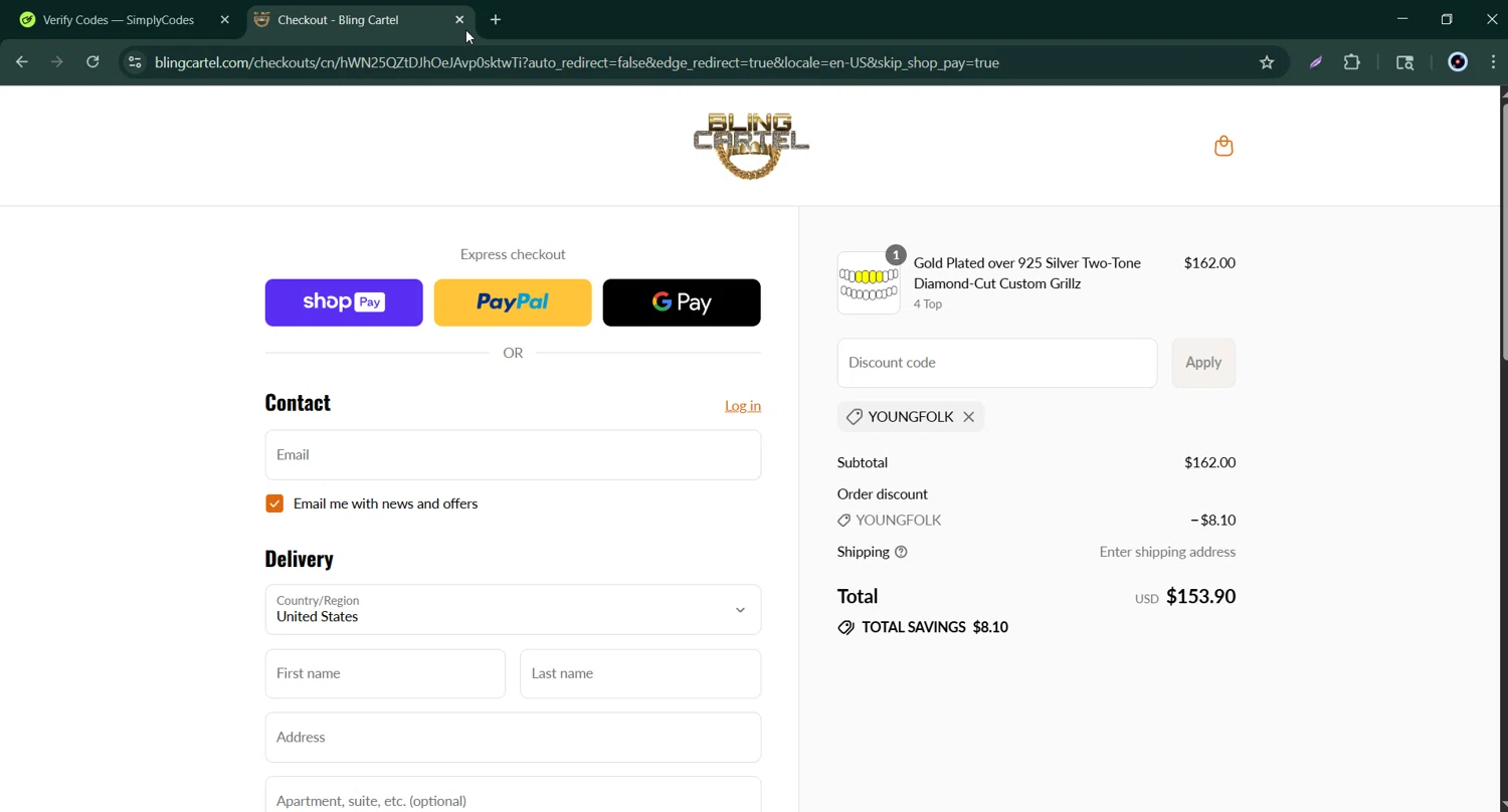 Bling Cartel discount code screenshot showing code YOUNGFOLK applied at Bling Cartel checkout page. Uploaded by SimplyCodes community member Bernard_Lowe on Aug 22, 2025