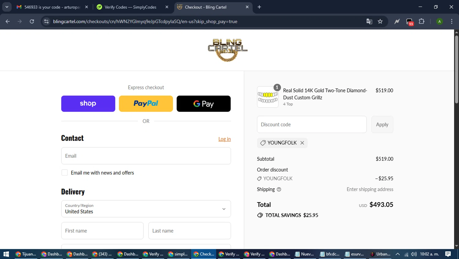 Bling Cartel discount code screenshot showing code YOUNGFOLK applied at Bling Cartel checkout page. Uploaded by SimplyCodes community member CashLynx5338 on Sep 3, 2025