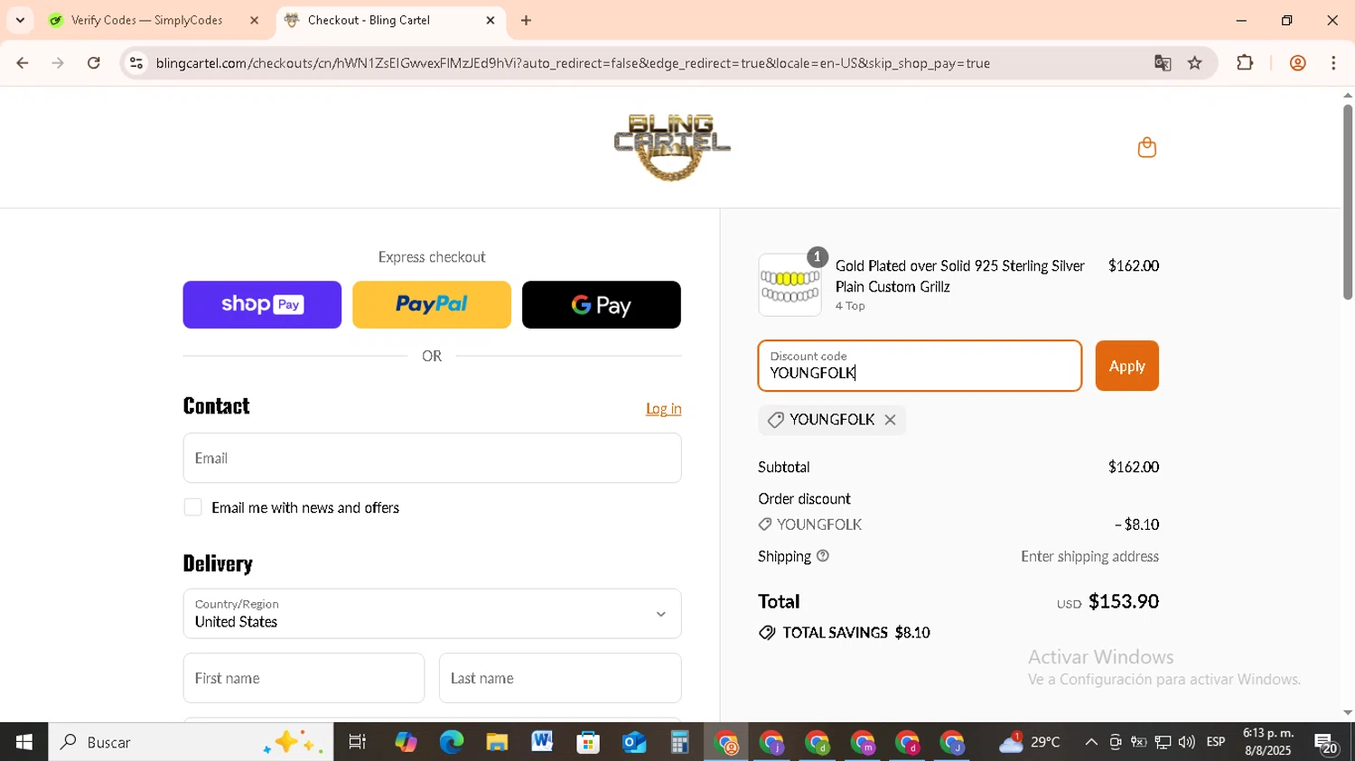 Bling Cartel discount code screenshot showing code YOUNGFOLK applied at Bling Cartel checkout page. Uploaded by SimplyCodes community member RebateCollector5909 on Aug 8, 2025