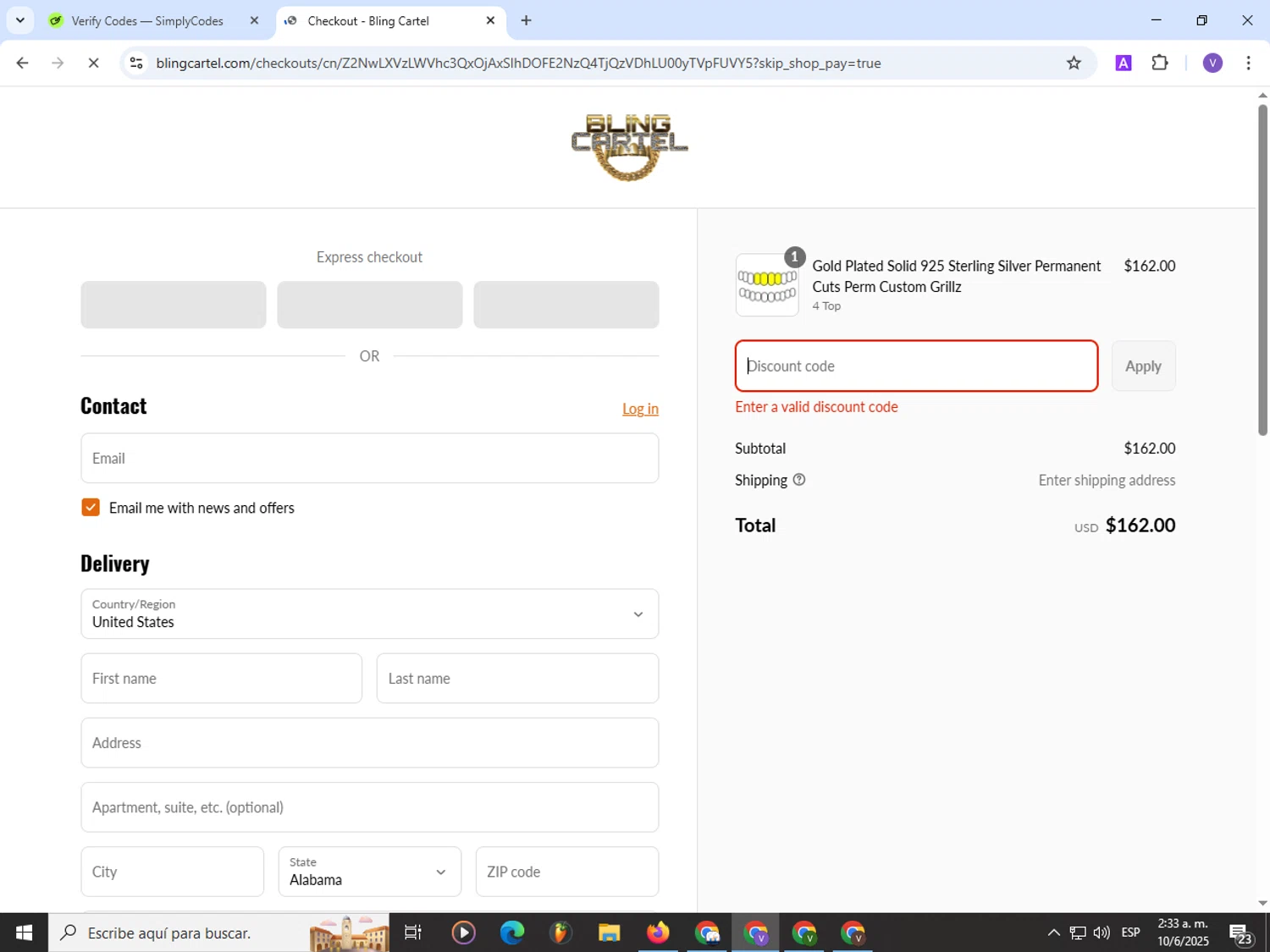Bling Cartel discount code screenshot showing code BLINGBOSS applied at Bling Cartel checkout page. Uploaded by SimplyCodes community member Satoru_gojo on Jun 10, 2025