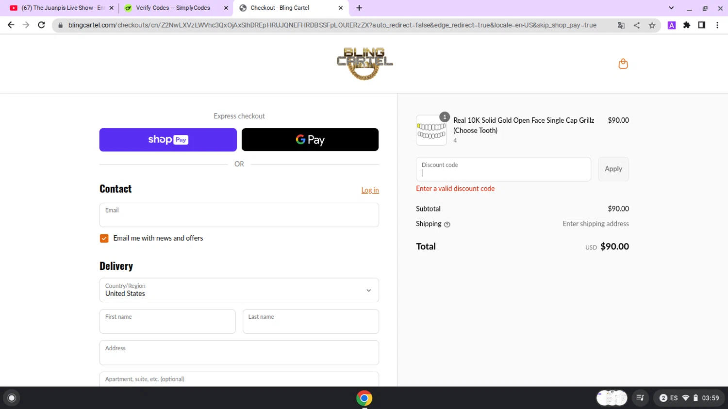 Bling Cartel discount code screenshot showing code BLINGBOSS applied at Bling Cartel checkout page. Uploaded by SimplyCodes community member lapampita on Jun 10, 2025