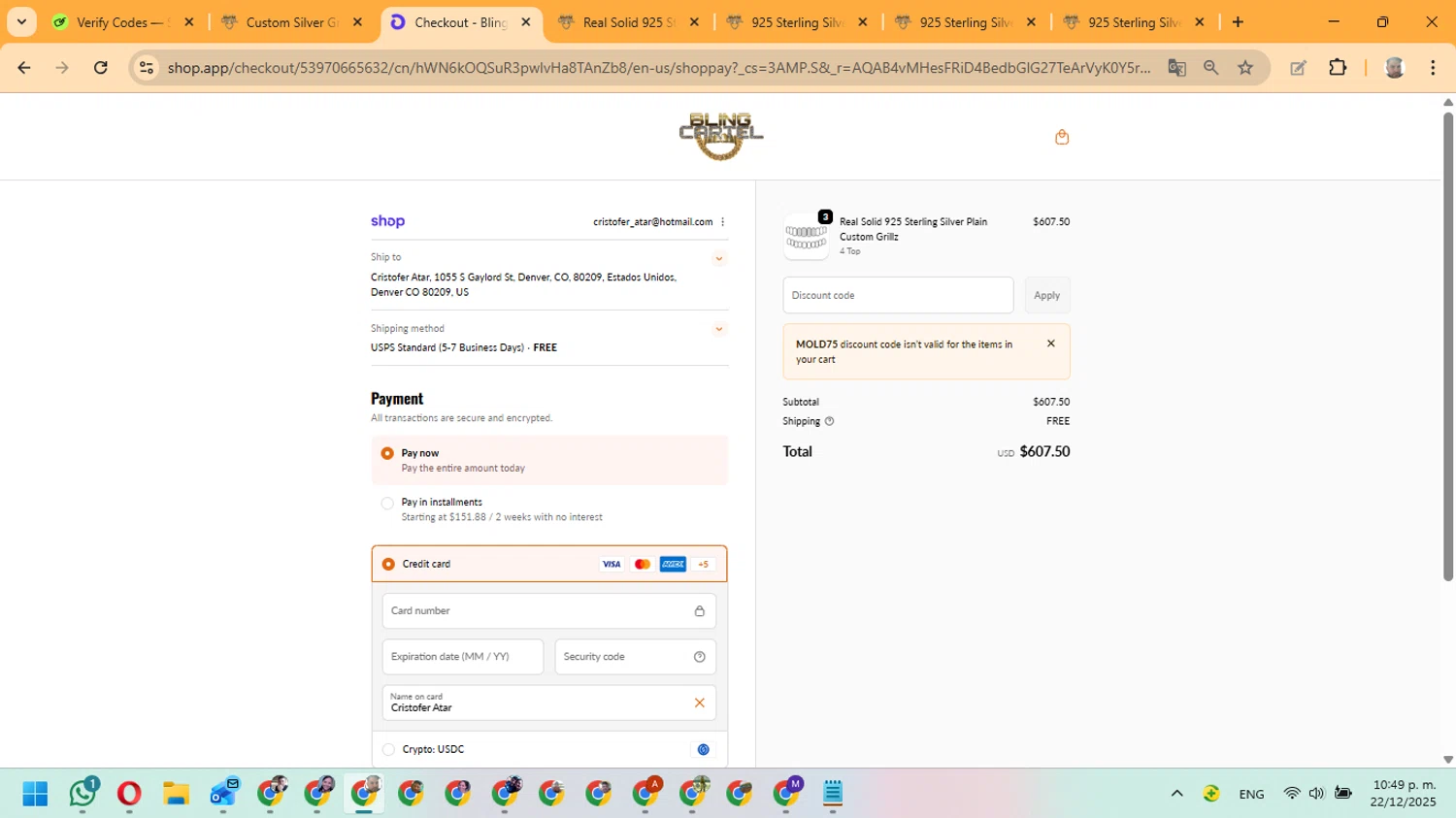 Bling Cartel discount code screenshot showing code MOLD75 applied at Bling Cartel checkout page. Uploaded by SimplyCodes community member ManuelF on Dec 23, 2025