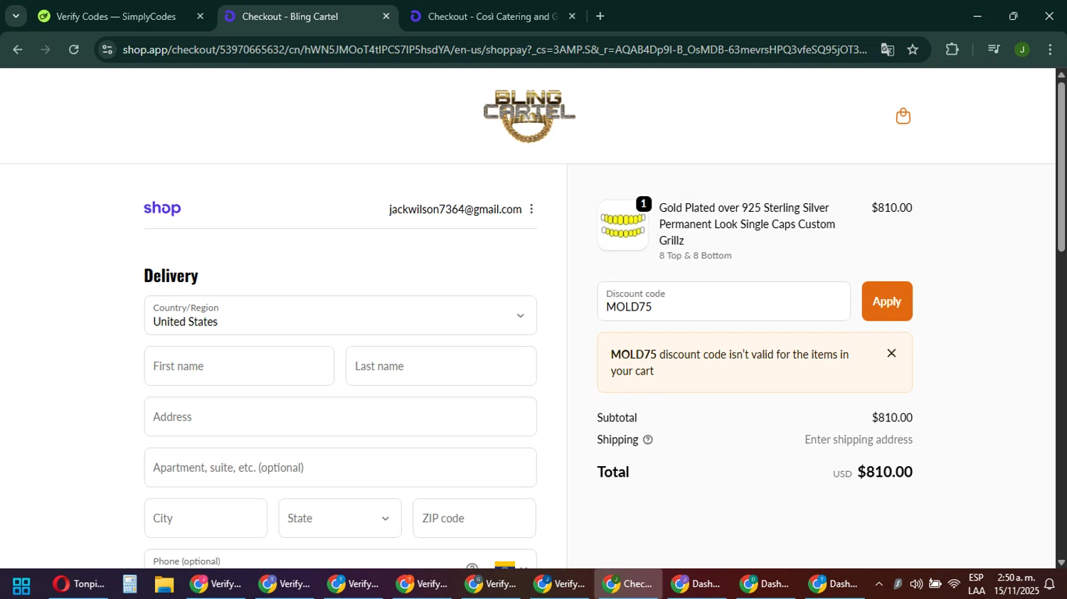 Bling Cartel discount code screenshot showing code MOLD75 applied at Bling Cartel checkout page. Uploaded by SimplyCodes community member ShieldFinder369 on Nov 15, 2025