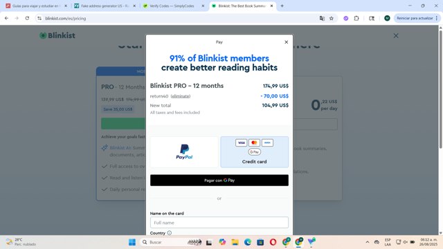 Blinkist checkout page showing Blinkist discount code box | Screenshot taken by SimplyCodes community member on Aug 26, 2025