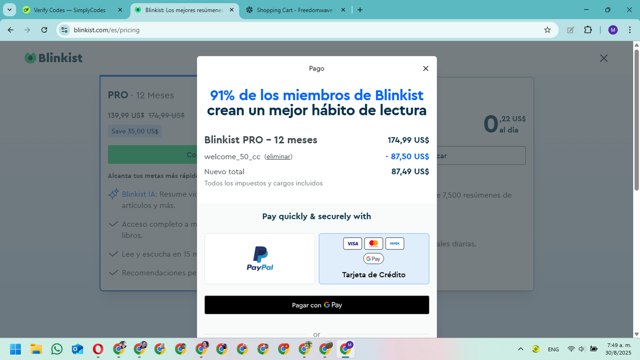 Blinkist checkout page showing Blinkist discount code box | Screenshot taken by SimplyCodes community member on Aug 30, 2025