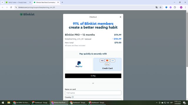 Blinkist checkout page showing Blinkist discount code box | Screenshot taken by SimplyCodes community member on Aug 31, 2025