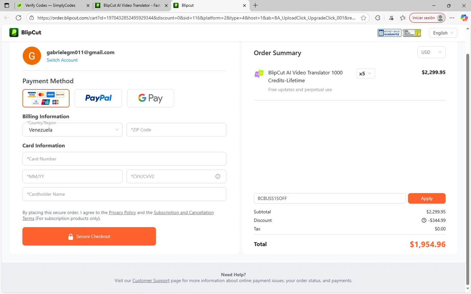 BlipCut checkout page showing BlipCut promo code box | Screenshot taken by SimplyCodes community member on Sep 23, 2025