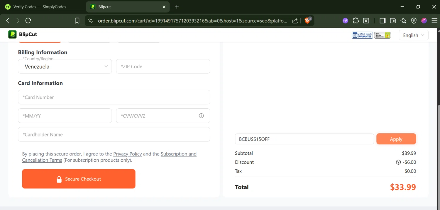 BlipCut promo code screenshot showing code BCBUSS15OFF applied at BlipCut checkout page. Uploaded by SimplyCodes community member SwiftLynx6587 on Nov 20, 2025