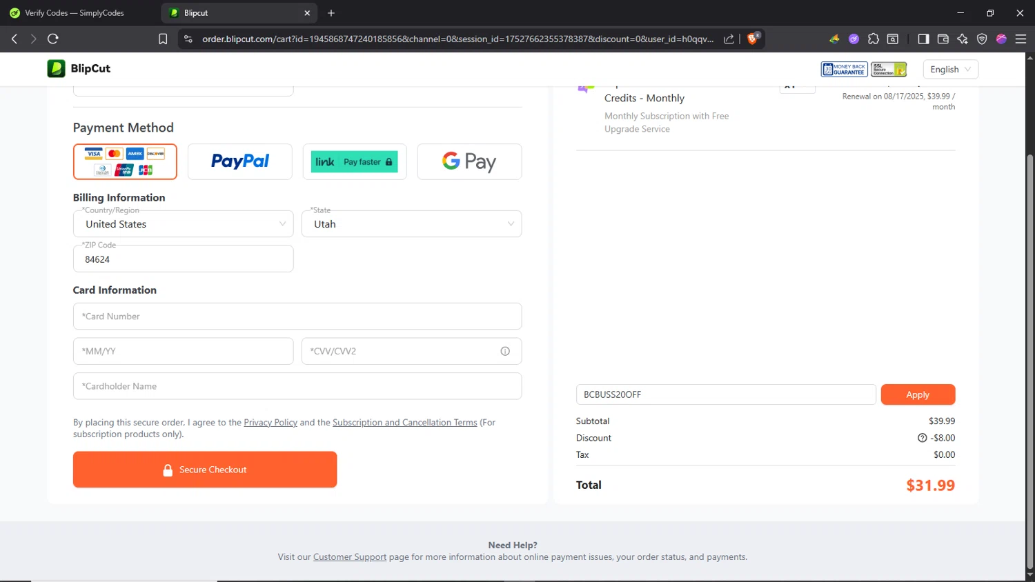 BlipCut promo code screenshot showing code BCBUSS20OFF applied at BlipCut checkout page. Uploaded by SimplyCodes community member Morrachida04 on Jul 17, 2025