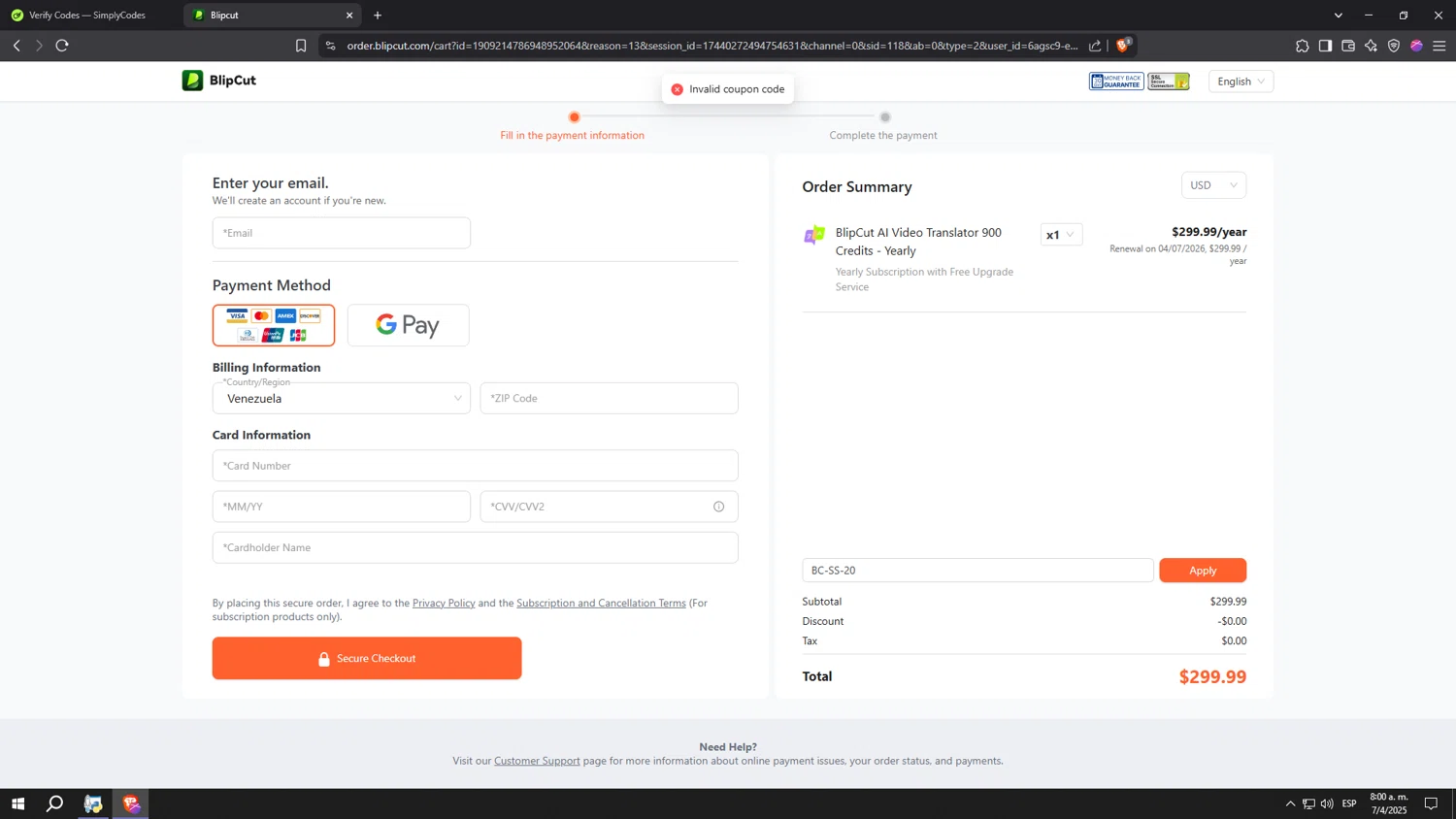 BlipCut promo code screenshot showing code BC-SS-20 applied at BlipCut checkout page. Uploaded by SimplyCodes community member kkkkkkkkkkkkkkkkkkkk on Apr 7, 2025