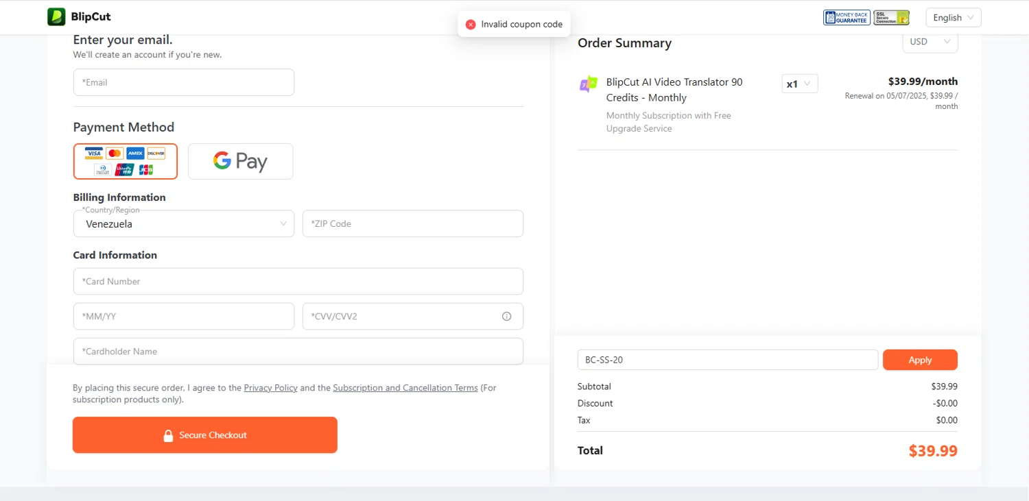 BlipCut promo code screenshot showing code BC-SS-20 applied at BlipCut checkout page. Uploaded by SimplyCodes community member BrillianteMaestro892 on Apr 7, 2025