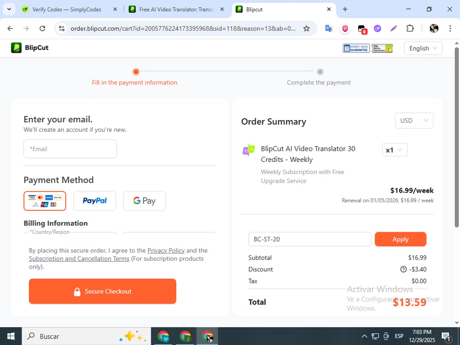 BlipCut promo code screenshot showing code BC-ST-20 applied at BlipCut checkout page. Uploaded by SimplyCodes community member mariapolancog on Dec 29, 2025
