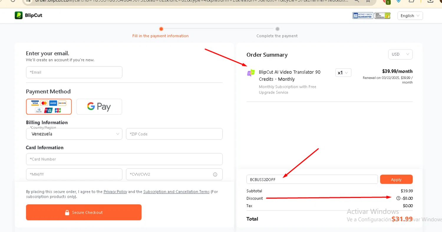 BlipCut promo code screenshot showing code BCBUSS20OFF applied at BlipCut checkout page. Uploaded by SimplyCodes community member AMANDA2681 on Feb 22, 2025