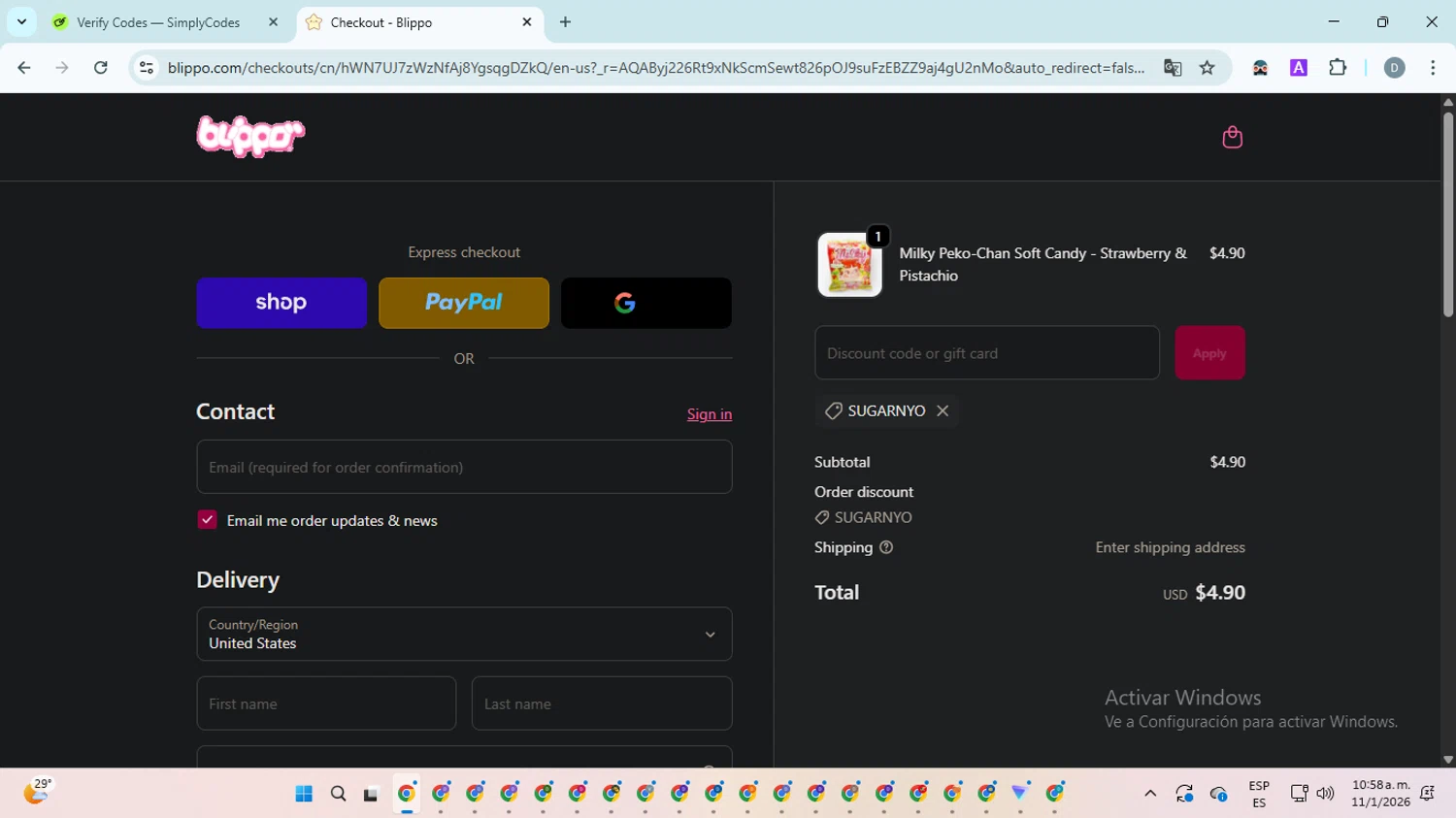 Blippo promo code screenshot showing code sugarnyo applied at Blippo checkout page. Uploaded by SimplyCodes community member ScanMaven5756 on Jan 11, 2026