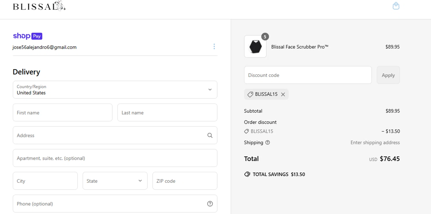 BLISSAL promo code screenshot showing code BLISSAL15 applied at BLISSAL checkout page. Uploaded by SimplyCodes community member Culebraparada on Apr 25, 2025