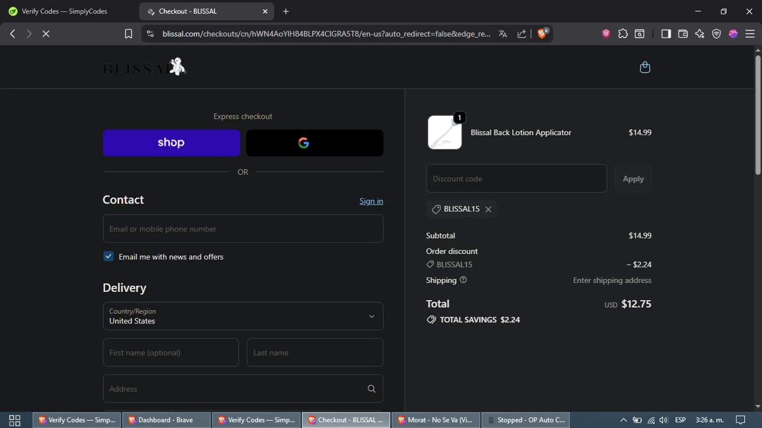 BLISSAL promo code screenshot showing code BLISSAL15 applied at BLISSAL checkout page. Uploaded by SimplyCodes community member Waynesmith on Oct 16, 2025