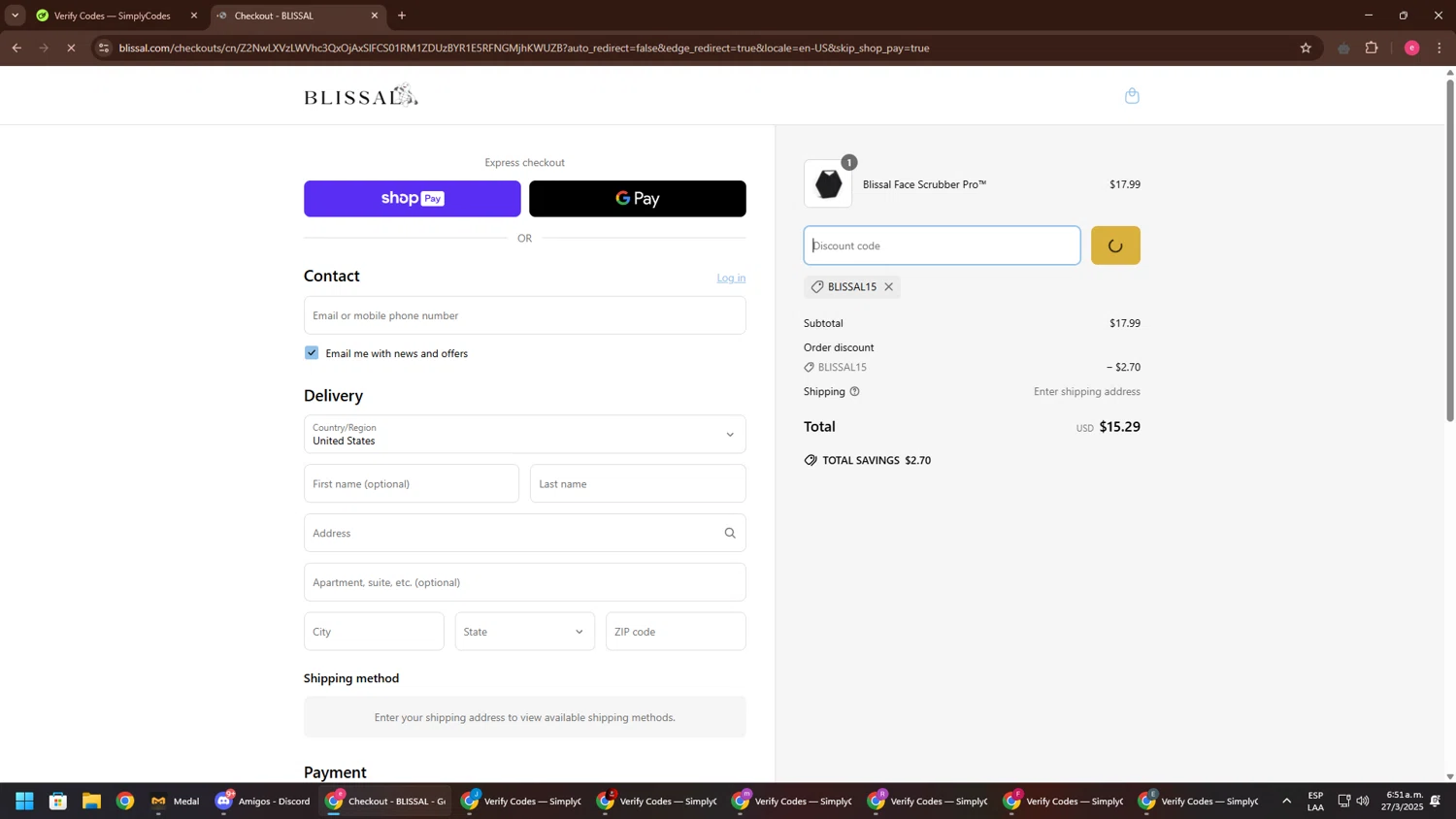 BLISSAL promo code screenshot showing code BLISSAL15 applied at BLISSAL checkout page. Uploaded by SimplyCodes community member TreasureWarden457 on Mar 27, 2025
