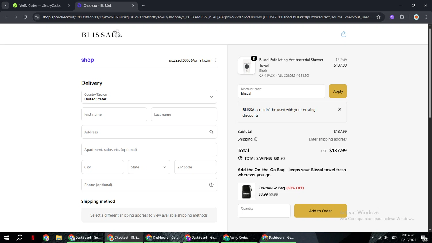 BLISSAL promo code screenshot showing code blissal applied at BLISSAL checkout page. Uploaded by SimplyCodes community member BonusCaptain9927 on Dec 13, 2025
