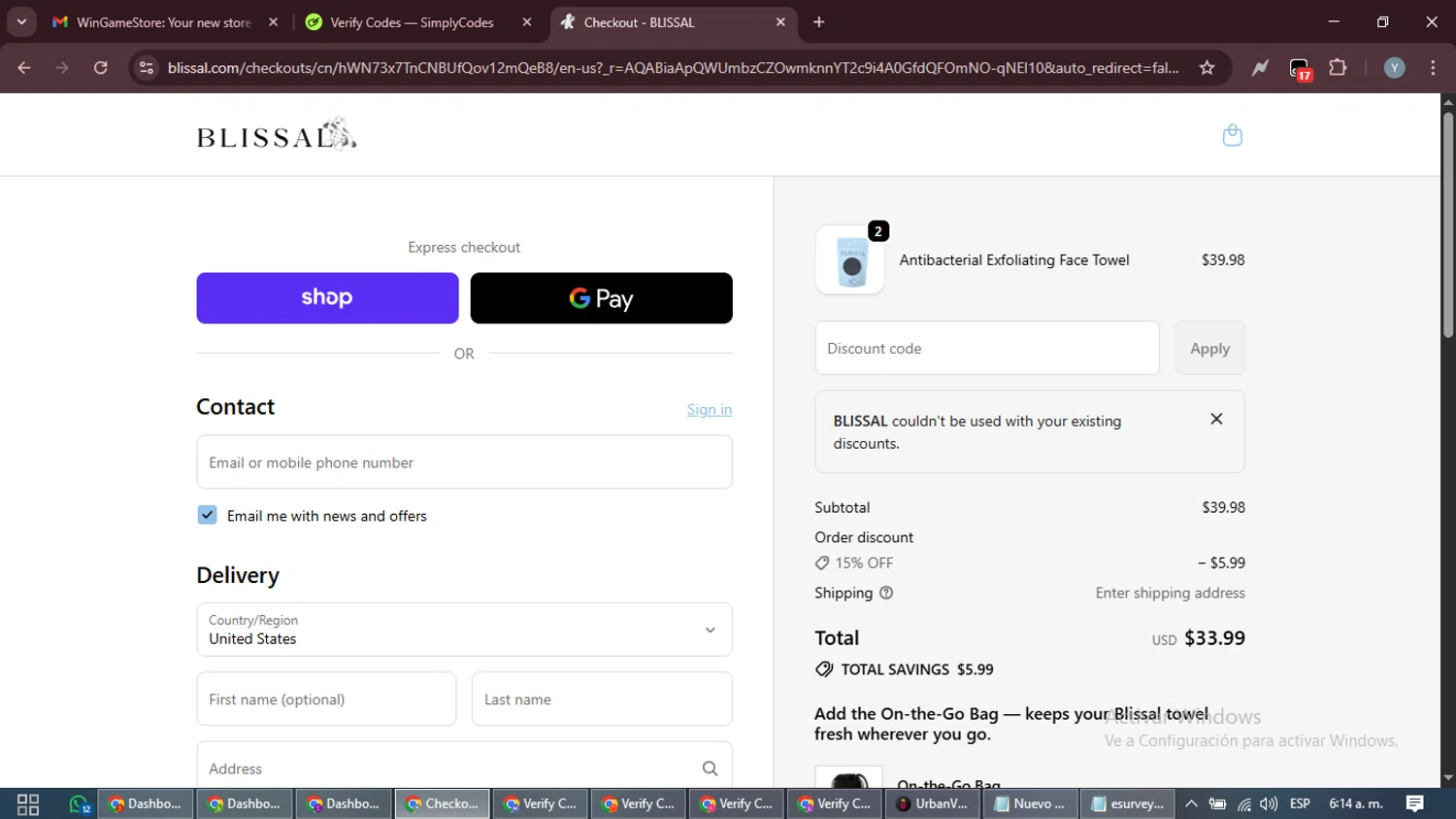 BLISSAL promo code screenshot showing code blissal applied at BLISSAL checkout page. Uploaded by SimplyCodes community member MoneyTiger5162 on Dec 31, 2025