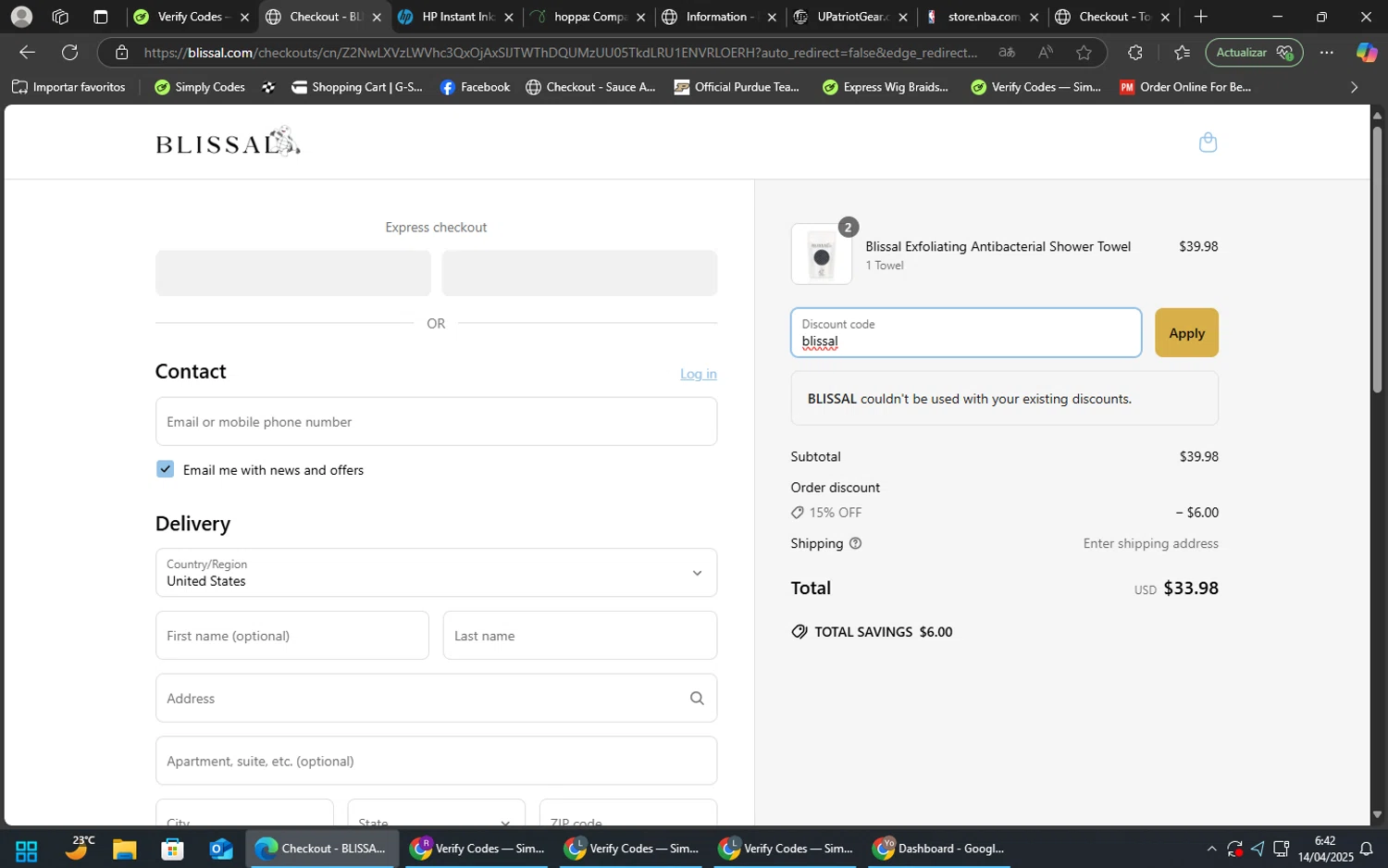 BLISSAL promo code screenshot showing code blissal applied at BLISSAL checkout page. Uploaded by SimplyCodes community member nahhhh on Apr 14, 2025