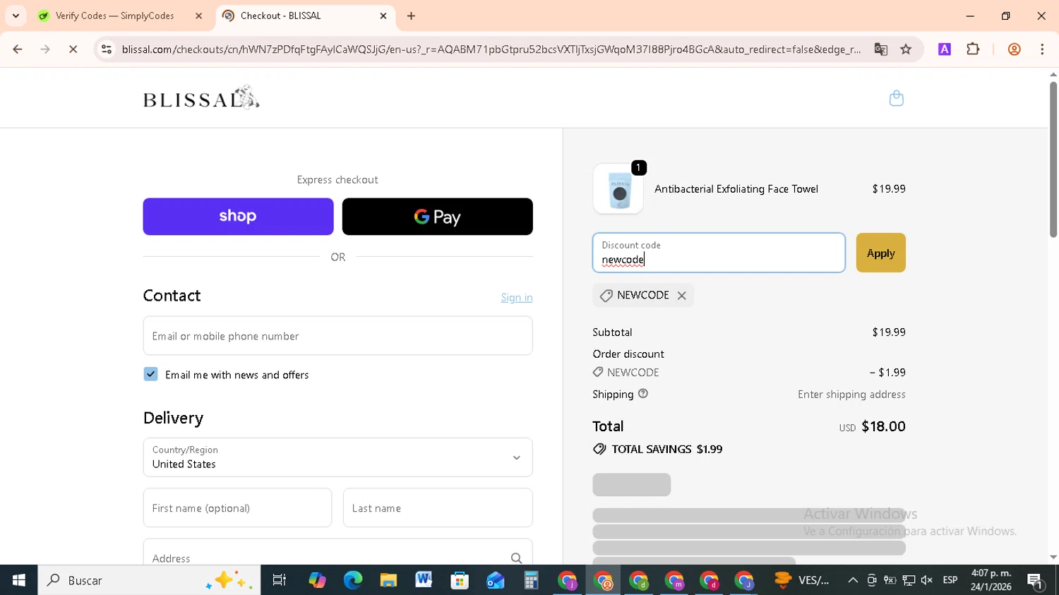 BLISSAL promo code screenshot showing code newcode applied at BLISSAL checkout page. Uploaded by SimplyCodes community member RebateCollector5909 on Jan 24, 2026