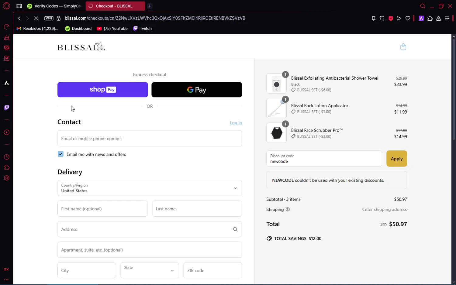 BLISSAL promo code screenshot showing code newcode applied at BLISSAL checkout page. Uploaded by SimplyCodes community member VoucherAce8469 on May 13, 2025