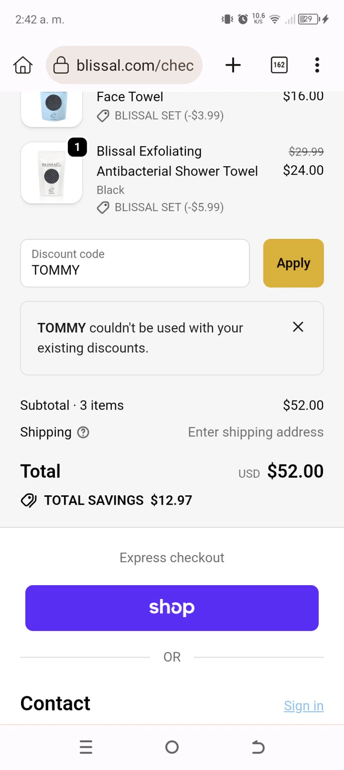 BLISSAL promo code screenshot showing code TOMMY applied at BLISSAL checkout page. Uploaded by SimplyCodes community member Typer19 on Oct 16, 2025
