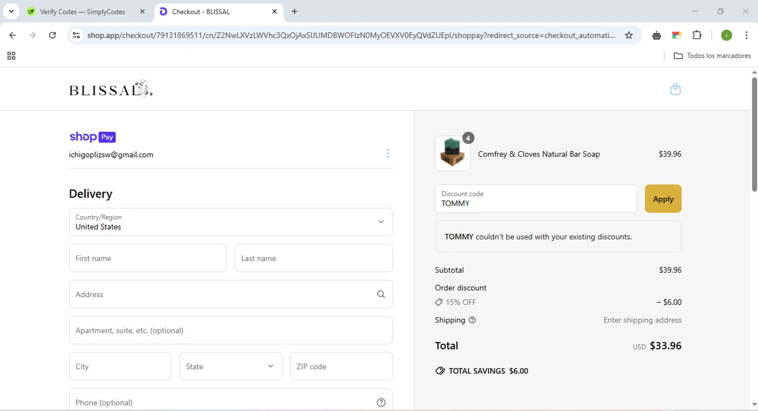 BLISSAL promo code screenshot showing code TOMMY applied at BLISSAL checkout page. Uploaded by SimplyCodes community member BudgetSpotter1238 on Apr 14, 2025