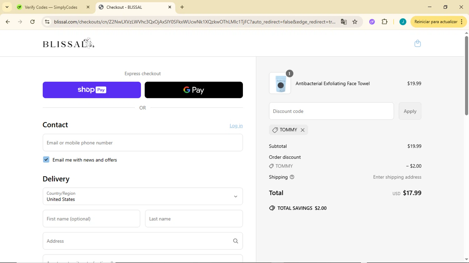 BLISSAL promo code screenshot showing code TOMMY applied at BLISSAL checkout page. Uploaded by SimplyCodes community member GoldDefender3268 on May 13, 2025