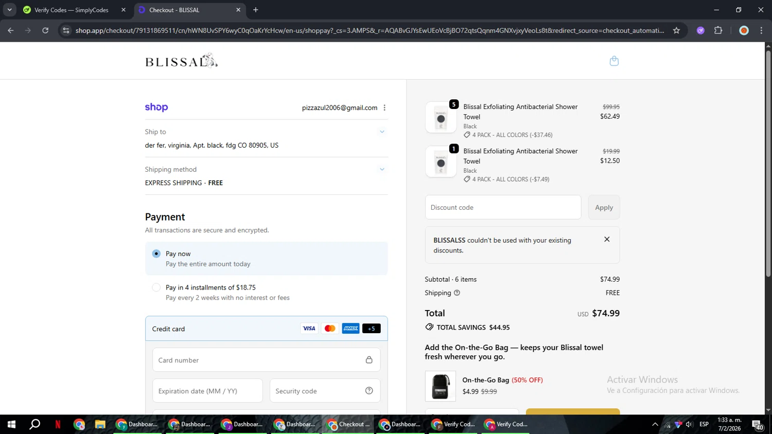 BLISSAL checkout page showing BLISSAL promo code box | Screenshot taken by SimplyCodes community member on Feb 7, 2026