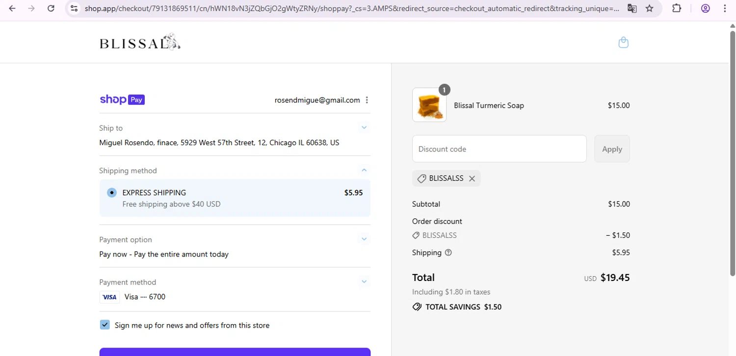 BLISSAL promo code screenshot showing code BLISSALss applied at BLISSAL checkout page. Uploaded by SimplyCodes community member SaleSentinel7319 on Jul 28, 2025