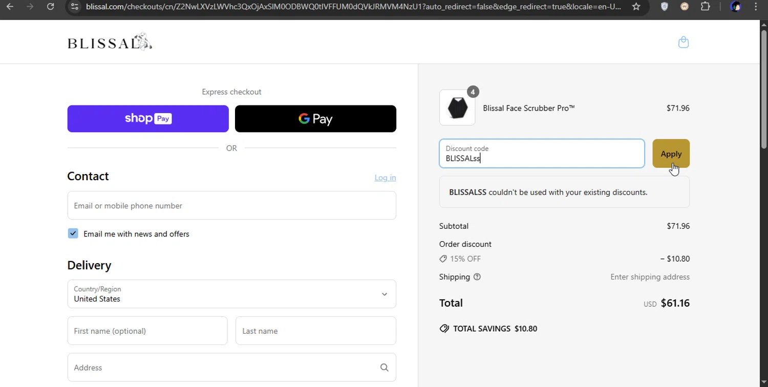 BLISSAL promo code screenshot showing code BLISSALss applied at BLISSAL checkout page. Uploaded by SimplyCodes community member xXSATOXx on Apr 18, 2025
