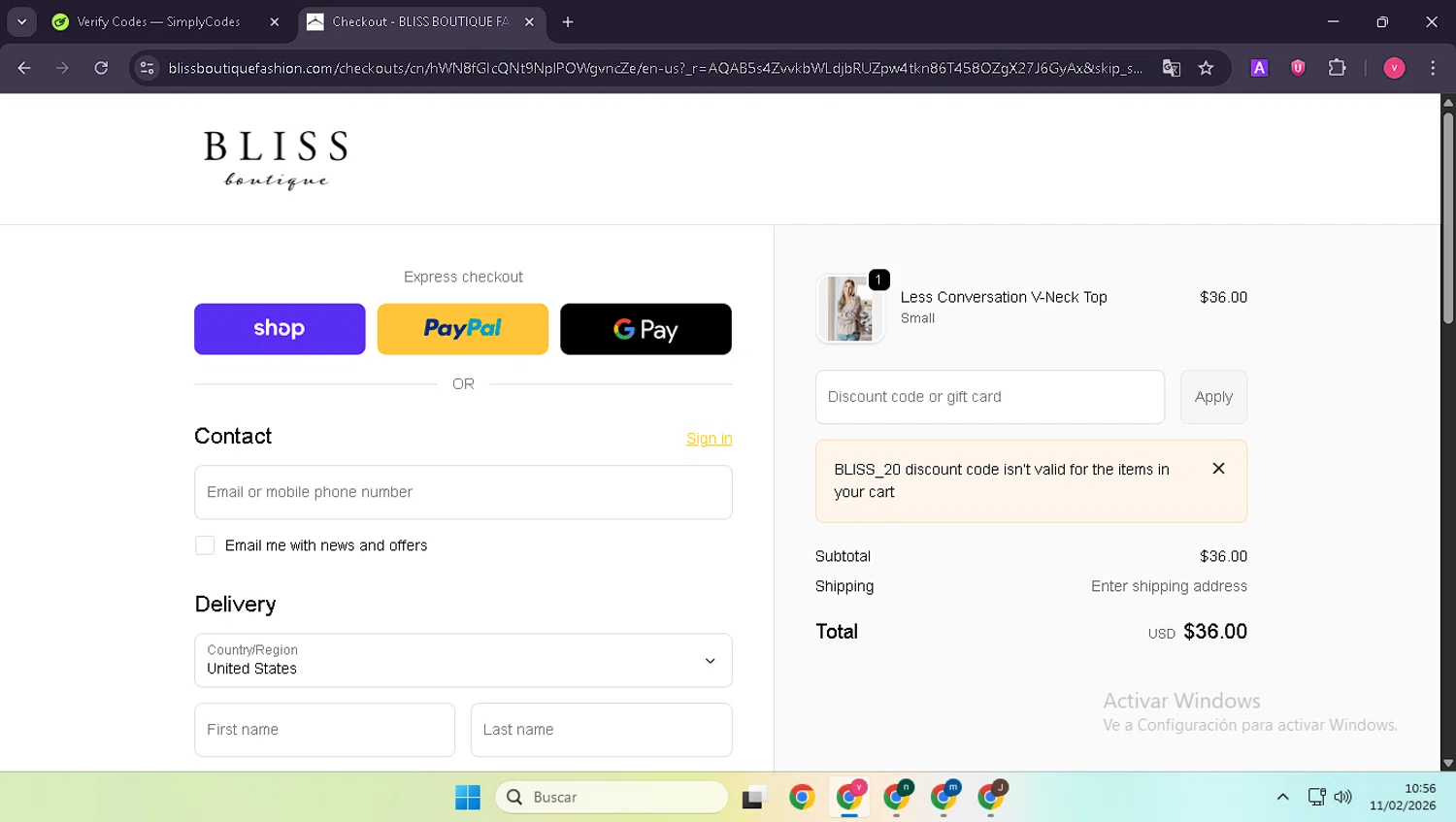 Bliss Boutique checkout page showing Bliss Boutique coupon code box | Screenshot taken by SimplyCodes community member on Feb 11, 2026