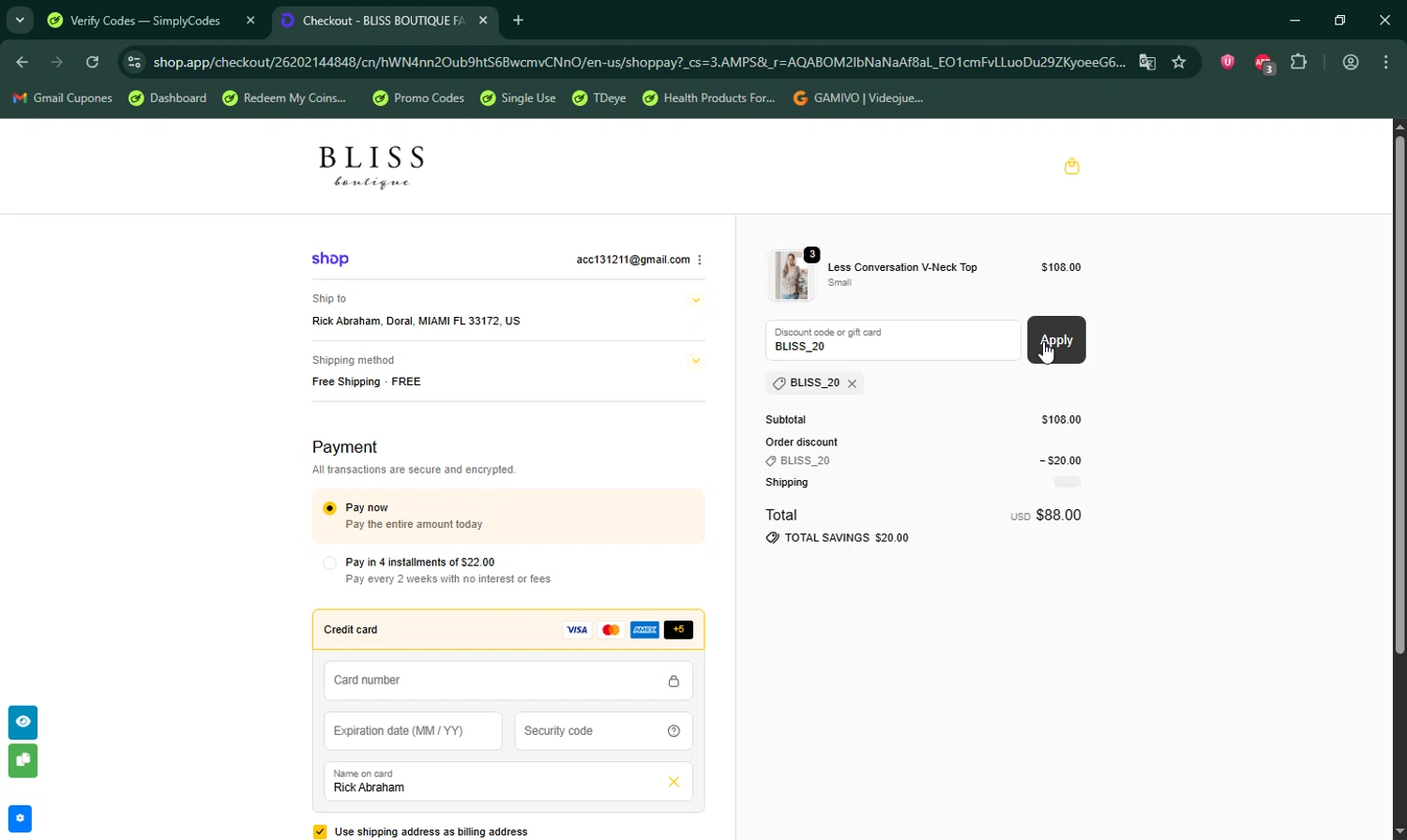 Bliss Boutique coupon code screenshot showing code BLISS_20 applied at Bliss Boutique checkout page. Uploaded by SimplyCodes community member LHaunter on Nov 1, 2025