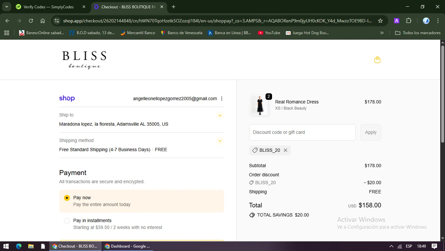 Bliss Boutique coupon code screenshot showing code BLISS_20 applied at Bliss Boutique checkout page. Uploaded by SimplyCodes community member TreasureShopper9156 on Dec 29, 2025