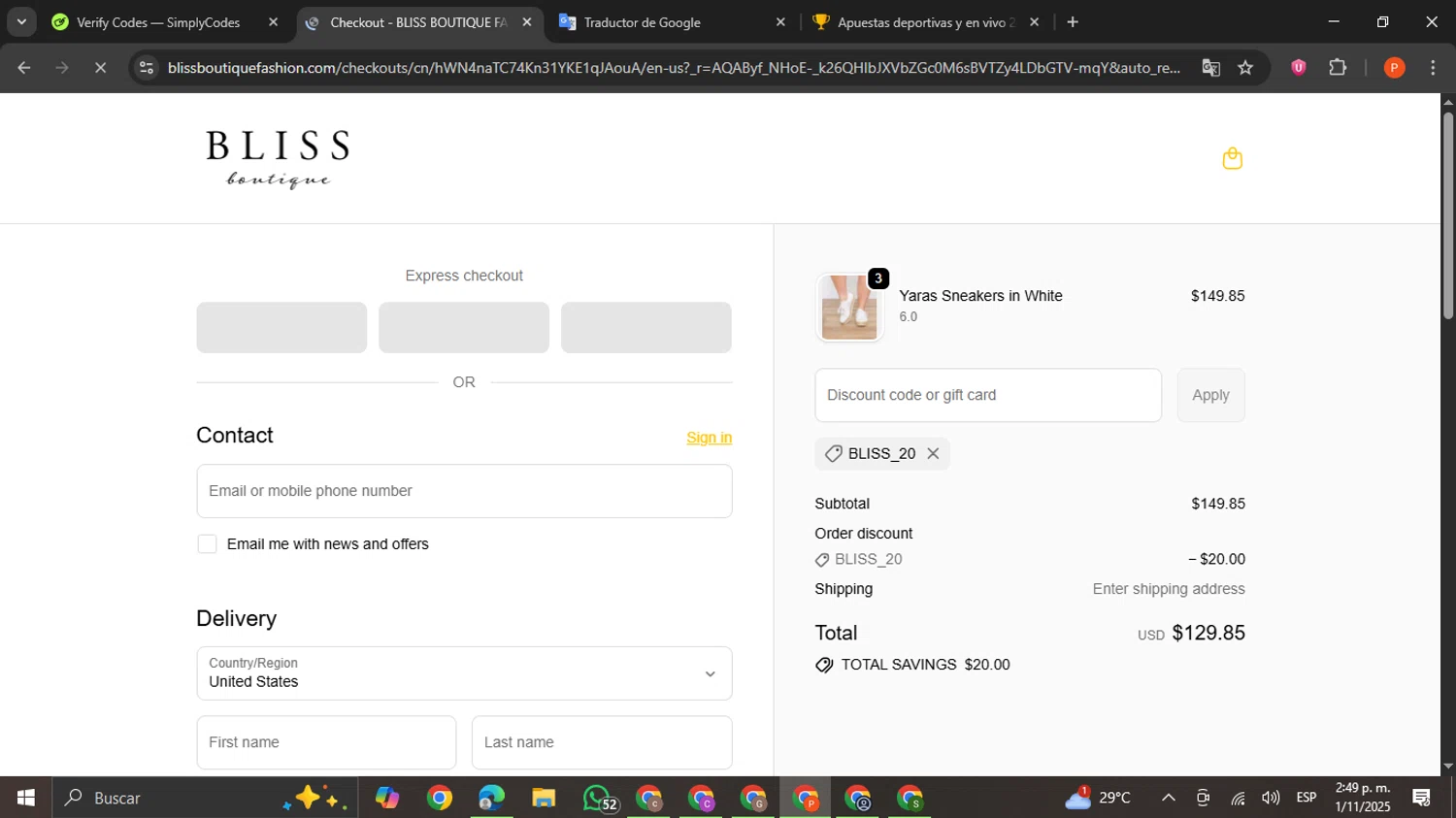 Bliss Boutique coupon code screenshot showing code BLISS_20 applied at Bliss Boutique checkout page. Uploaded by SimplyCodes community member VictoriousCaptain2658 on Nov 1, 2025