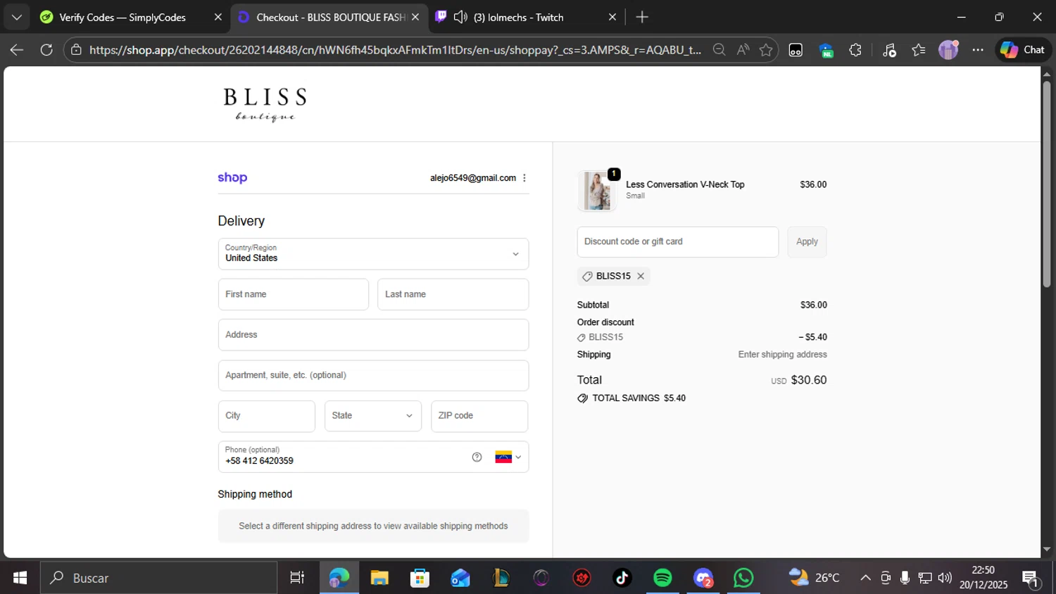 Bliss Boutique coupon code screenshot showing code BLISS15 applied at Bliss Boutique checkout page. Uploaded by SimplyCodes community member THEBANANA on Dec 21, 2025